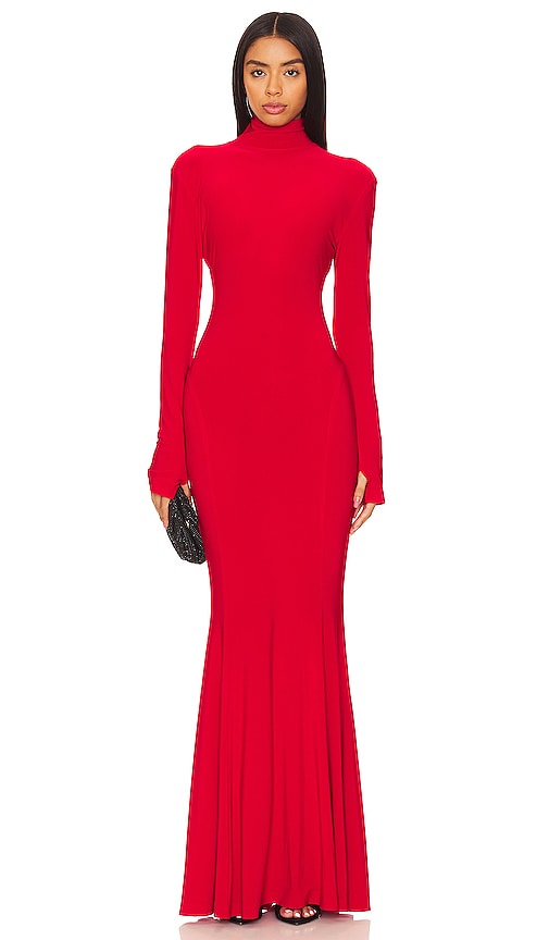 Norma Kamali X Revolve Turtle Fishtail Gown In Tiger Red