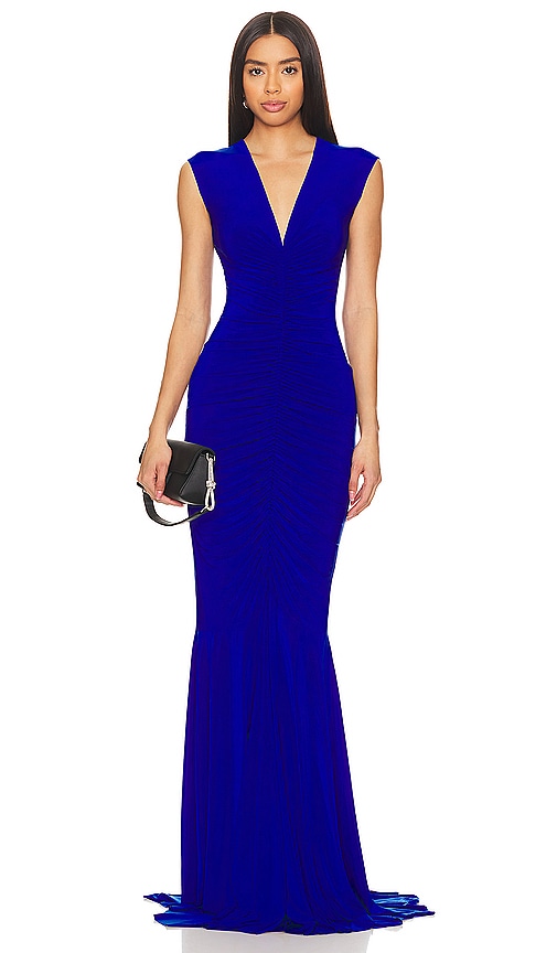 Shop Norma Kamali Sleeveless Deep V Neck Shirred Front Fishtail Gown In 荧光蓝