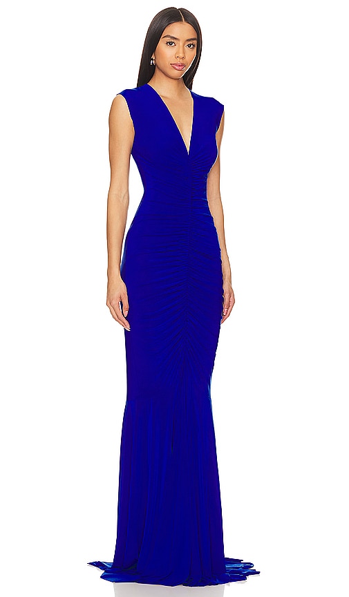 Shop Norma Kamali Sleeveless Deep V Neck Shirred Front Fishtail Gown In 荧光蓝