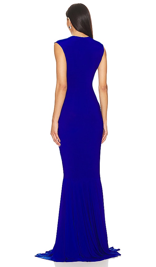  Norma Kamali Sleeveless Deep V Neck Shirred Front Fishtail Gown In Royal. Size Xxs. Also In Xs, S, M. 