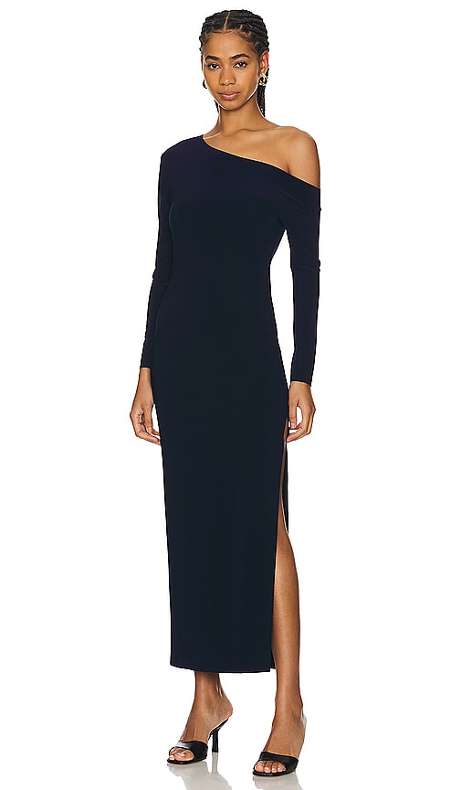 Shop Norma Kamali Long Sleeve Drop Shoulder Side Slit Gown In Navy