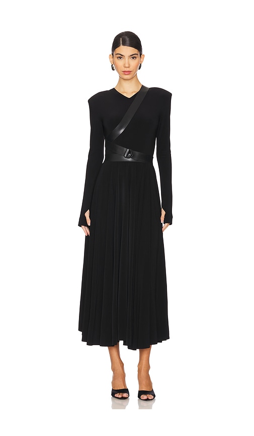 NORMA KAMALI LONG SLEEVE SHOULDER PAD V NECK FLARED DRESS 