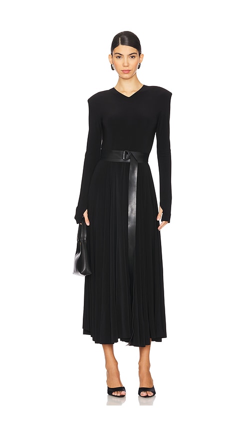 NORMA KAMALI LONG SLEEVE SHOULDER PAD V NECK FLARED DRESS 