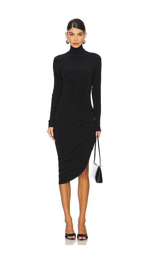 Shop Norma Kamali Long Sleeve Turtleneck Side Drape Dress In Black