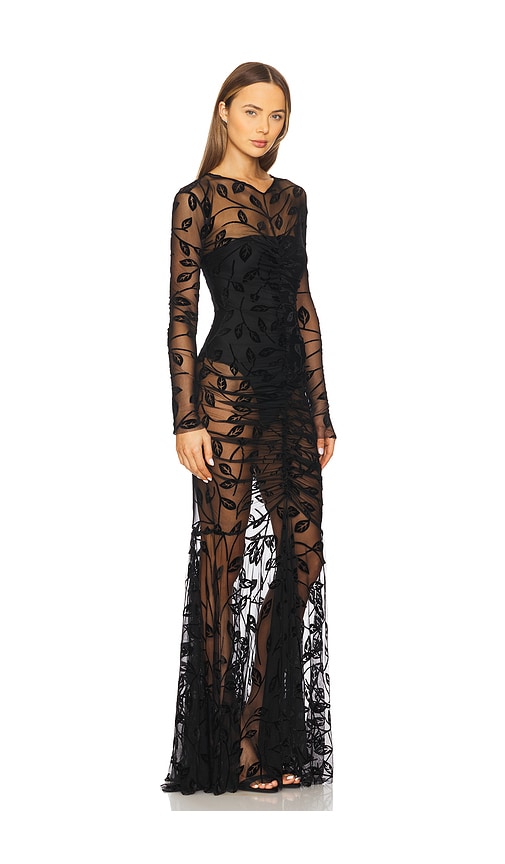 Norma Kamali Long Sleeve V Neck Shirred Front Fishtail Gown In Black Leaf
