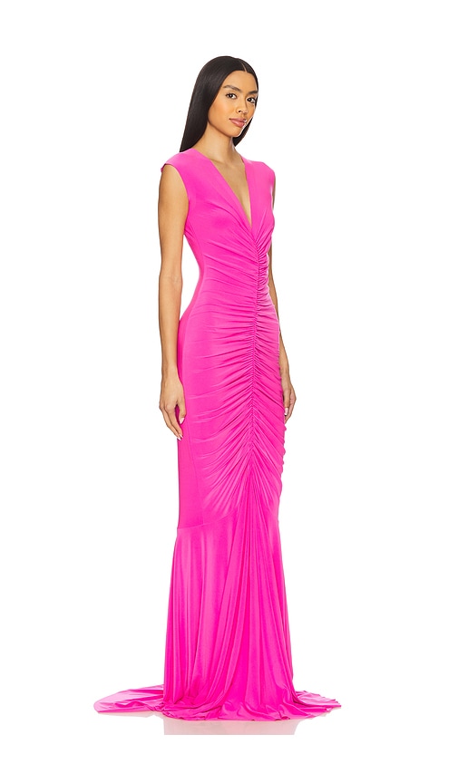 Norma Kamali X Revolve Sleeveless Deep V Neck Shirred Front Fishtail Gown In 淡紫粉色