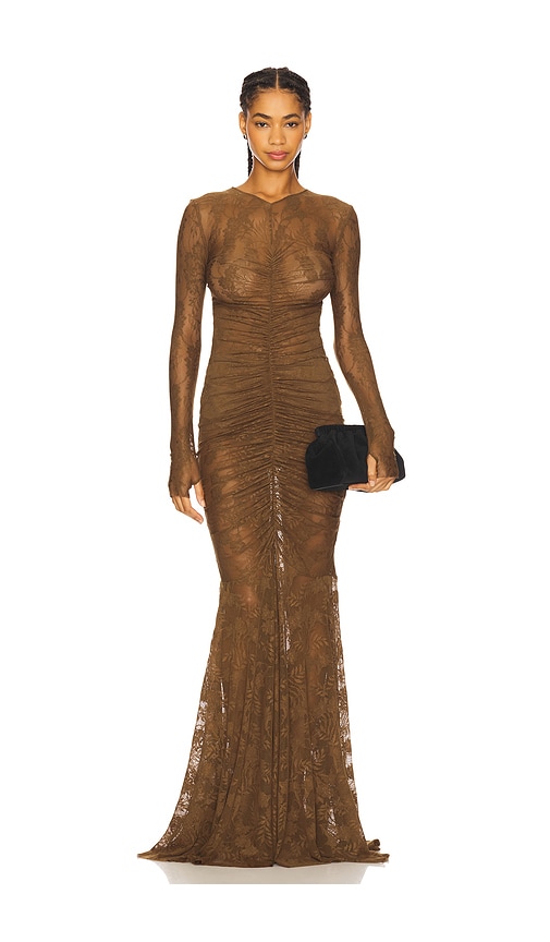 Norma Kamali Long Sleeve V Neck Shirred Front Fishtail Gown