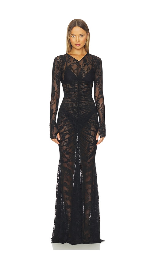 Norma Kamali Long Sleeve V Neck Shirred Front Fishtail Gown In Multi