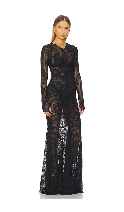 Norma Kamali Long Sleeve V Neck Shirred Front Fishtail Gown In Multi