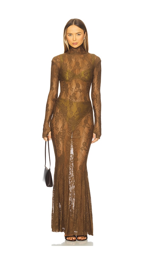 Norma Kamali X Revolve Long Sleeve Turtleneck Fishtail Gown In Brown
