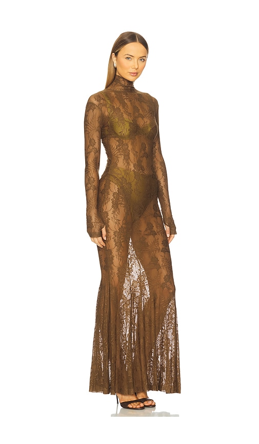 Norma Kamali X Revolve Long Sleeve Turtleneck Fishtail Gown In Brown