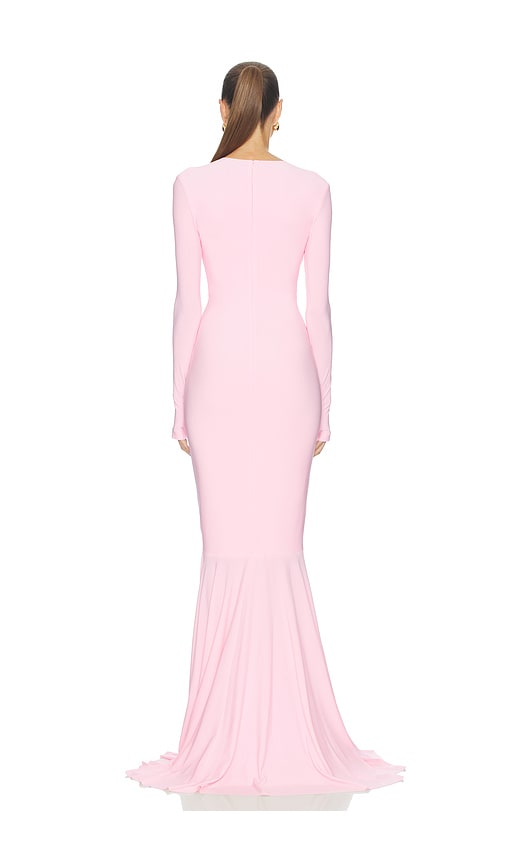  Norma Kamali Vestido Largo Long Sleeve V Neck Shirred Front Fishtail En Color Rosado Talla L  (también En M, S, Xs). 