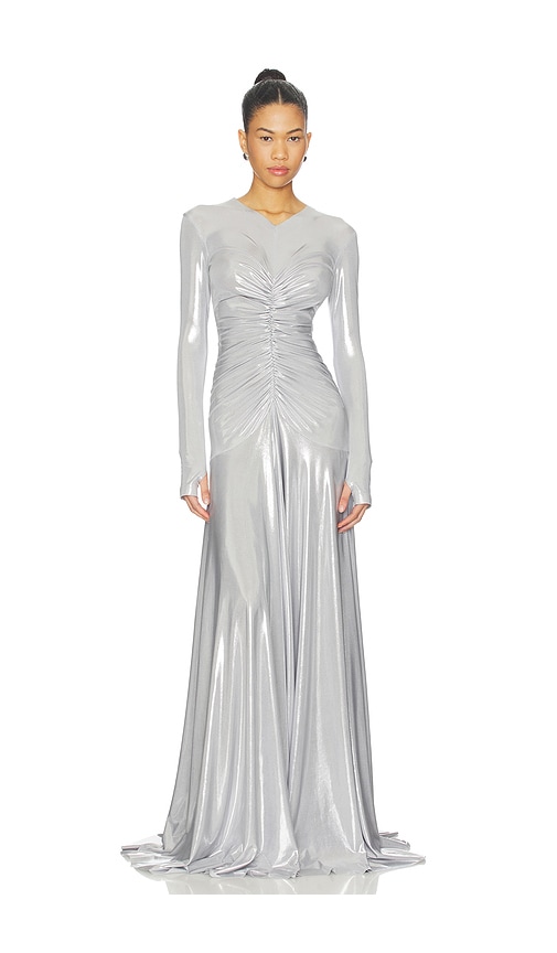 Norma Kamali Long Sleeve V Neck Shirred Front Flared Gown