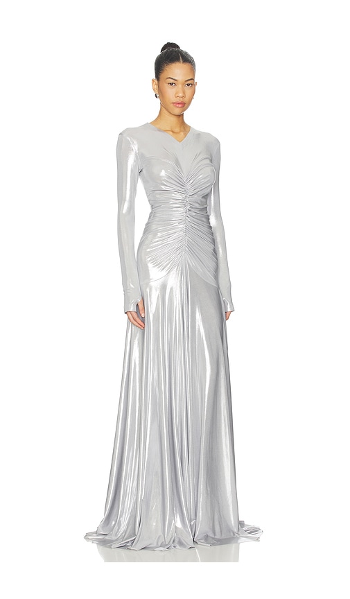  Norma Kamali Robe De Soirée Long Sleeve V Neck Shirred Front Flared En Metallic Silver, Grey. Taille L. Also En M, S, Xl, Xs, Xxs. 