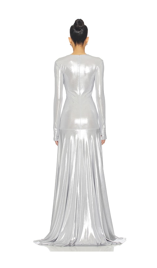  Norma Kamali Robe De Soirée Long Sleeve V Neck Shirred Front Flared En Metallic Silver, Grey. Taille L. Also En S, Xs. 