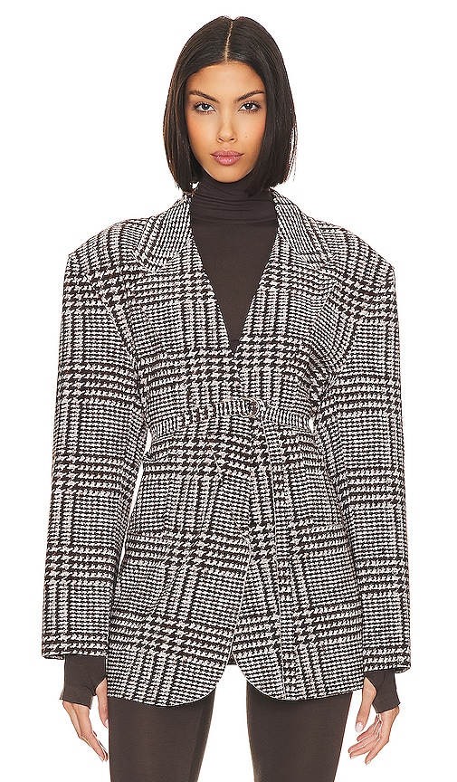 Norma Kamali Oversized Single Breasted Jacket in Chocolate Glenn Plaid Tweed