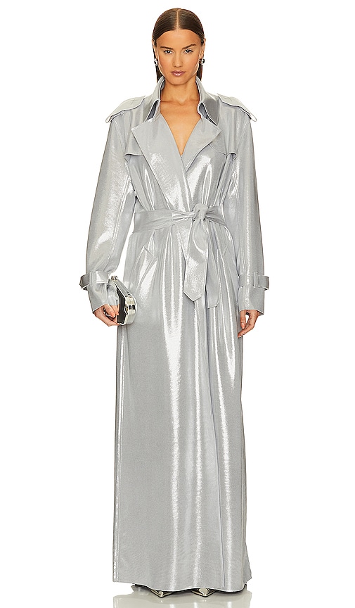 Norma Kamali Double Breasted Trench To Floor in Silver