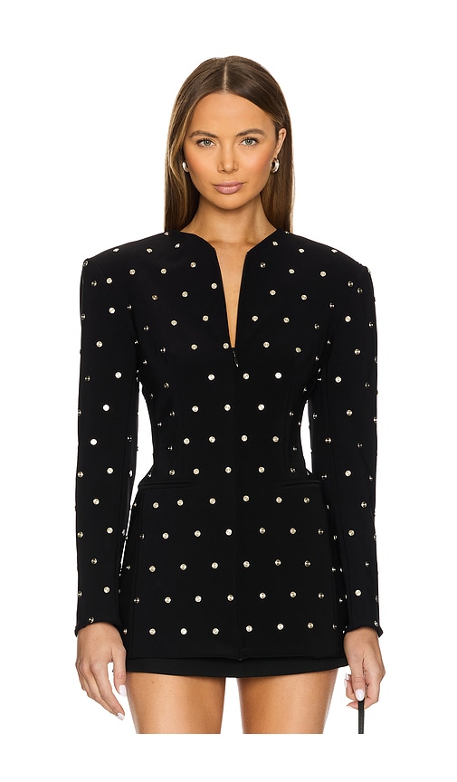 Long Sleeve Shoulder Pad V Neck Zip Front Jacket in Black. - size XL (also in S)