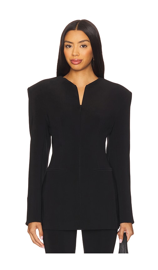 Norma Kamali Long Sleeve Shoulder Pad V Neck Zip Front Jacket In Black