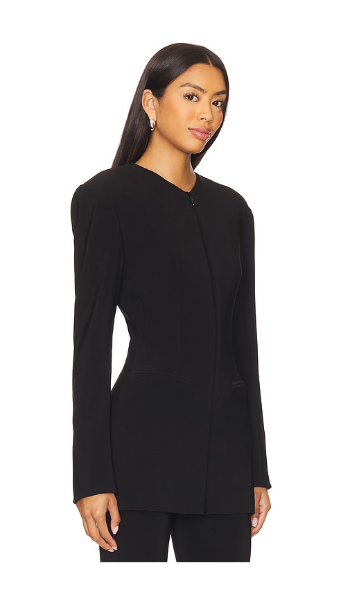 Norma Kamali Long Sleeve Shoulder Pad V Neck Zip Front Jacket In Black