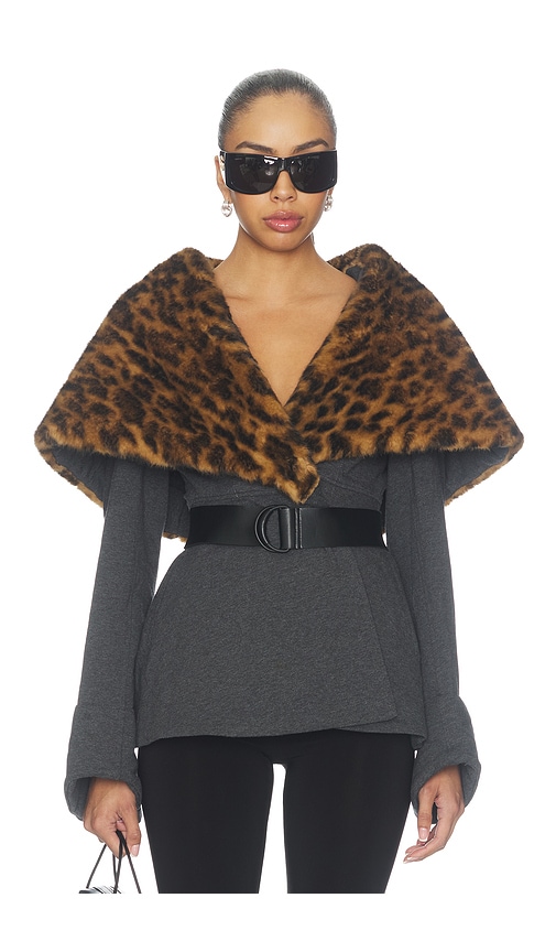 Shawl Collar Peplum Jacket in Dark Heather Grey & Spotted Animal by Norma Kamali