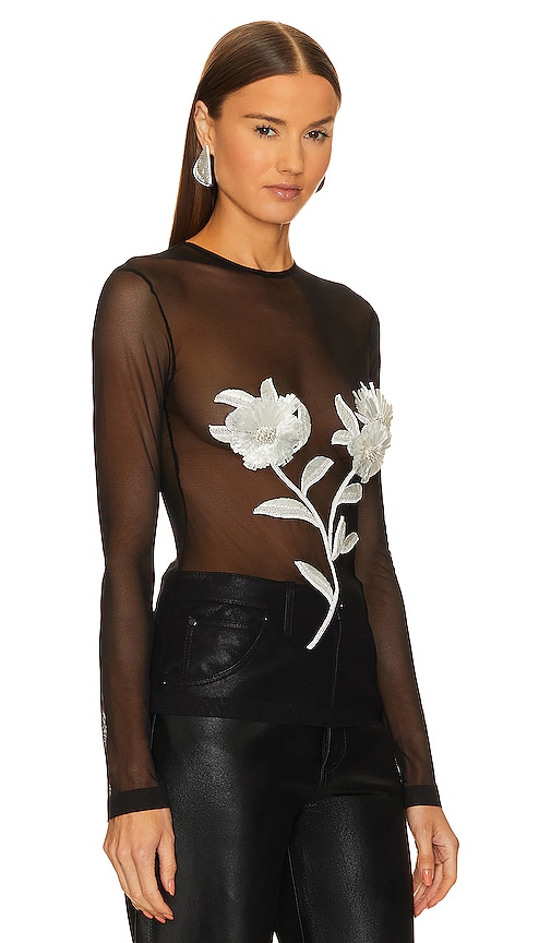Shop Norma Kamali Long Sleeve Crewneck Rafia Floral Embroidered Top In Black
