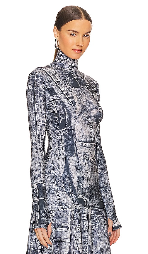 Shop Norma Kamali Slim Fit Long Sleeve Turtle Top In Black & Navy Denim Print