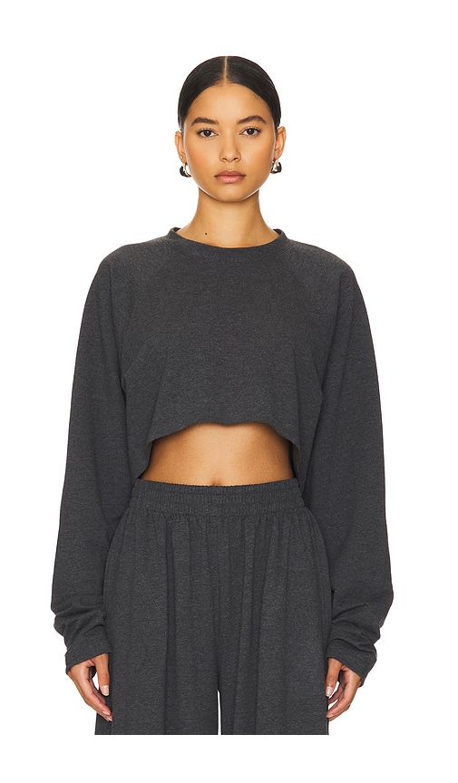 Shop Norma Kamali Oversized Raglan Sleeve Cropped Top In Dark Heather Grey