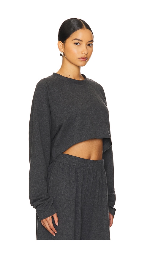 Shop Norma Kamali Oversized Raglan Sleeve Cropped Top In Dark Heather Grey