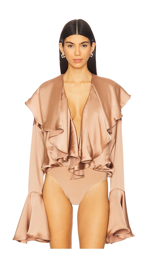 Shop Norma Kamali Long Sleeve Ruffle Bodysuit In Tan