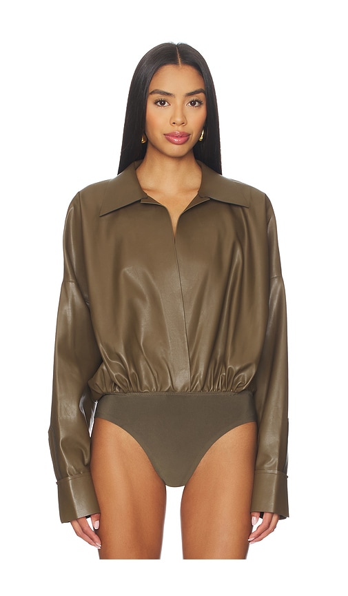 Norma Kamali Super Oversized Boyfriend Shirt Bodysuit In Brown