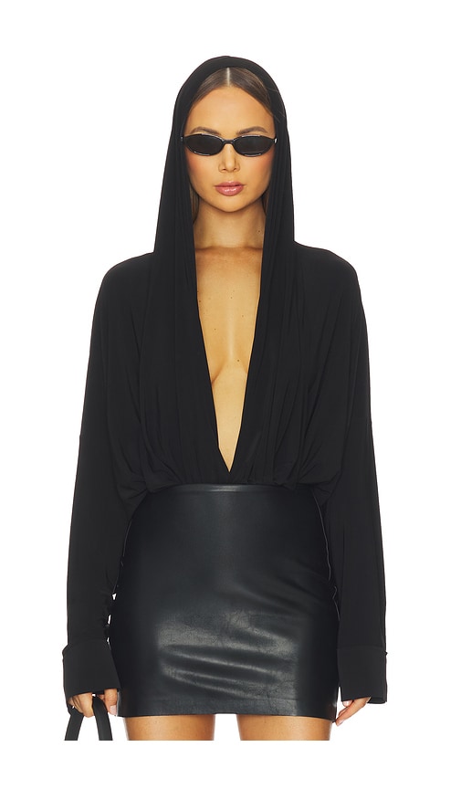 Norma Kamali Hooded Super Oversized Boyfriend Shirt Bodysuit