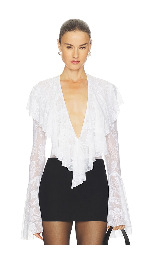 Norma Kamali Long Sleeve Deep V Ruffle Bodysuit