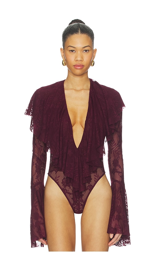  Norma Kamali Body De Manga Larga Con Escote En V Profundo Y Volantes En Color Burgundy Talla M  (también En S, Xs, Xxs). 