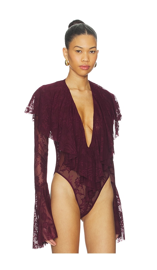  Norma Kamali Body De Manga Larga Con Escote En V Profundo Y Volantes En Color Burgundy Talla M  (también En S, Xs, Xxs). 