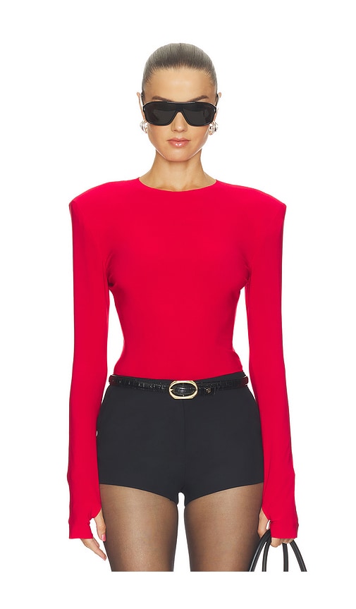 Shoulder Pad Long Sleeve Crew Top by Norma Kamali in Tiger Red