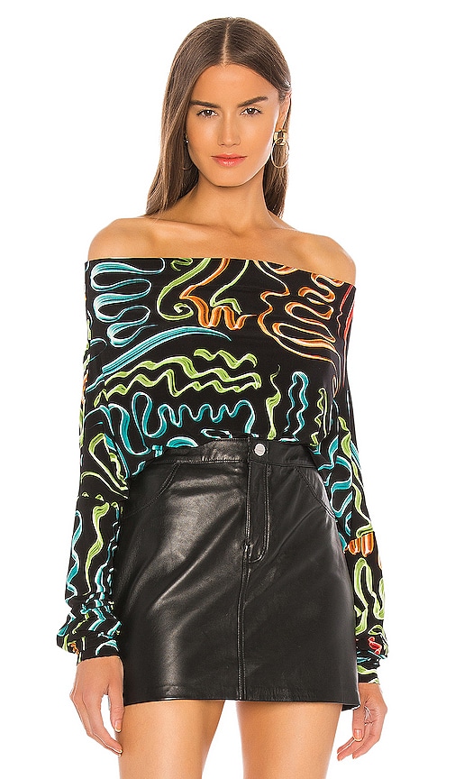 Norma Kamali Off Shoulder All In One Bodysuit in Multi Squiggle