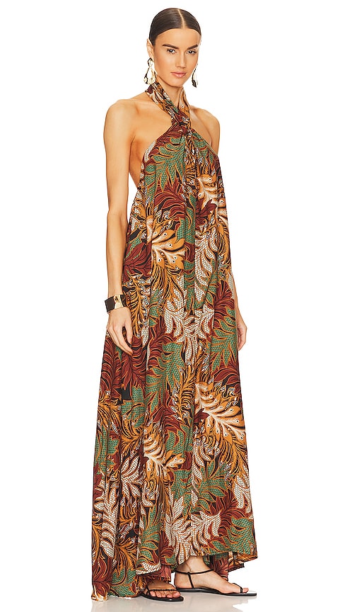 Natalie Martin Astrid Knotted Halter Silk Maxi Dress In Jungle Print Moss