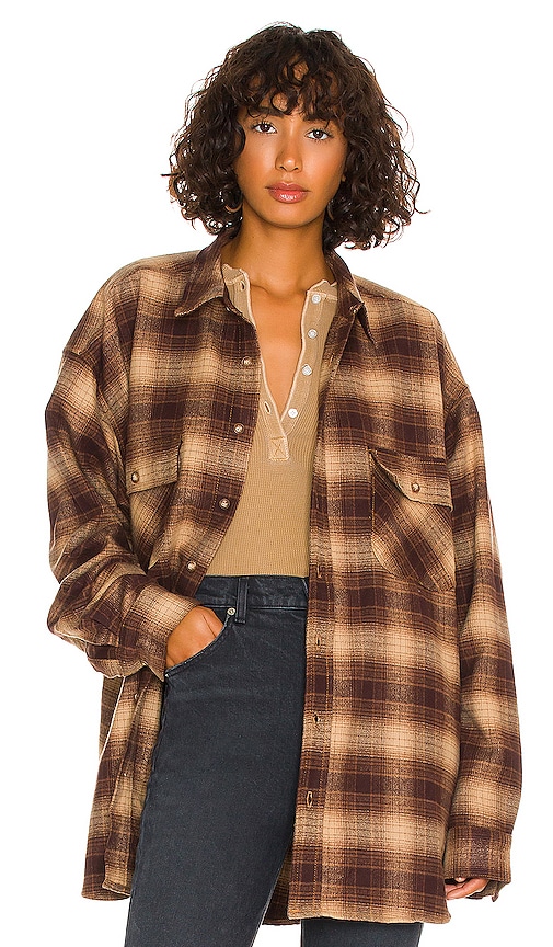 NSF Busy Oversized Boyfriend Shirt in Espresso Plaid Flannel | REVOLVE