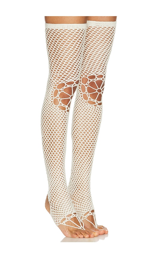 Shop Nastyamasha Crochet Stockings With Floral Knees In 米白