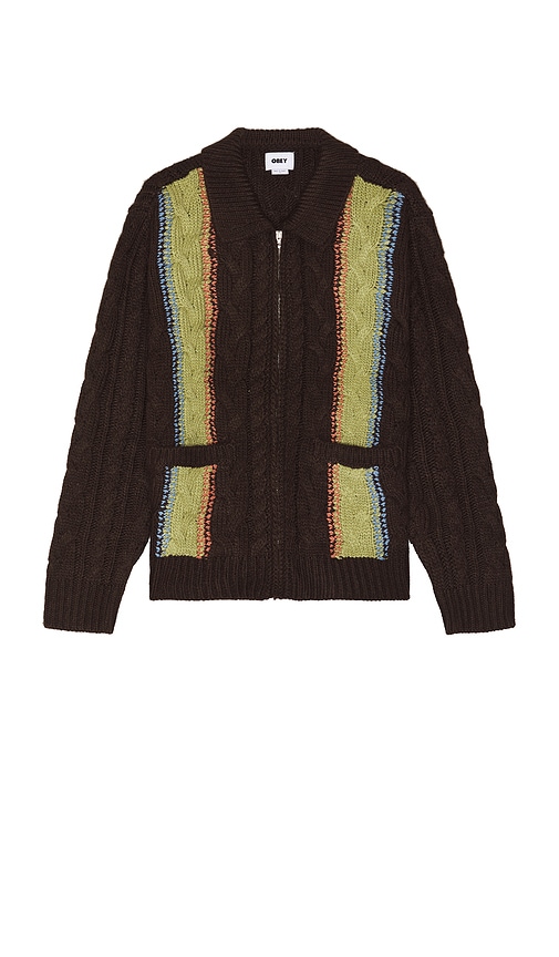 Shop Obey Ezra Zip Up Cardigan In Dark Brown Multi