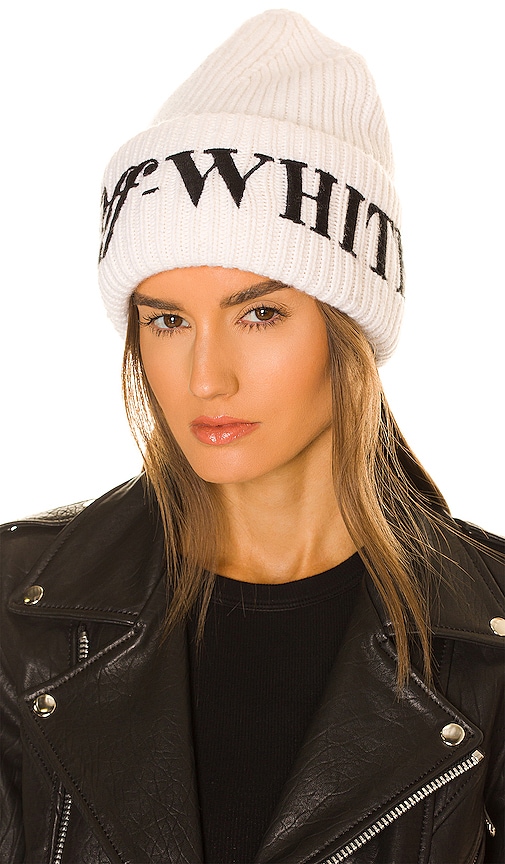 OFF-WHITE Logo Ribbed Beanie in Ivory.