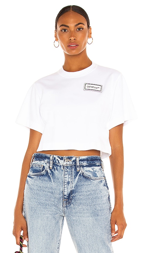 Off White Logo Patch Cropped Tee In White Black Revolve