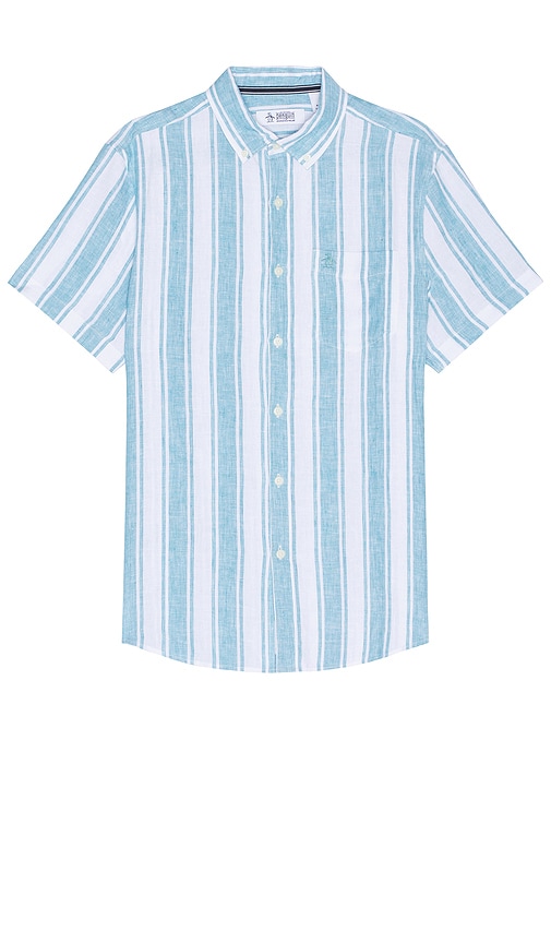 Original Penguin Vertical Stripe Short Sleeve Linen Shirt In Blue