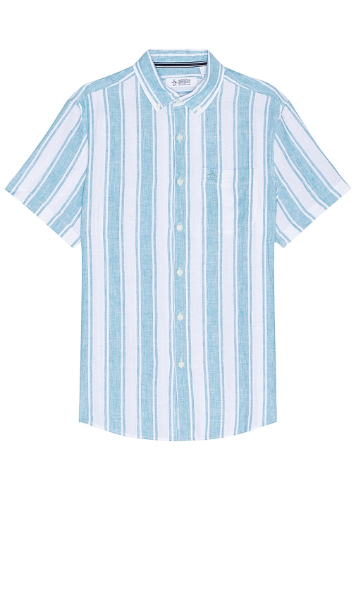 Original Penguin Vertical Stripe Short Sleeve Linen Shirt In Blue