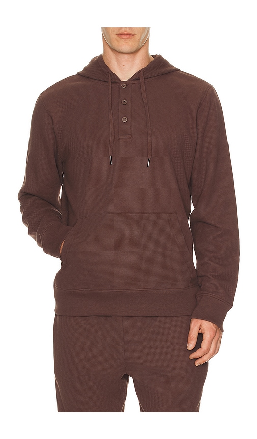 Onia Waffle Half Button Hoodie In Brown