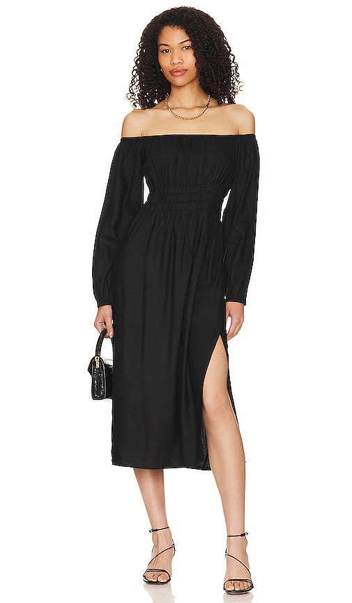 onia Air Linen Smocked Maxi Dress in Black