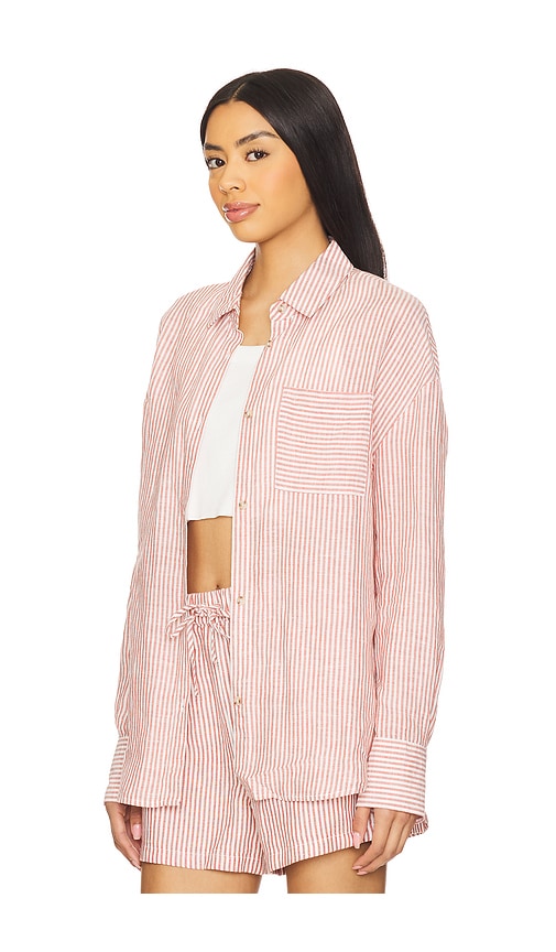 Shop Onia Air Linen Boyfriend Shirt In Oxblood & White
