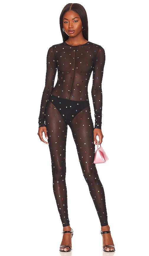 Oseree Gem Jumpsuit in Black & Multicolor Gems