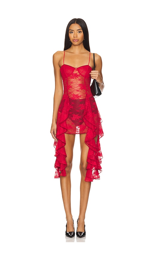 Shop Oseree Soft Lace Volant Mini Dress In Red